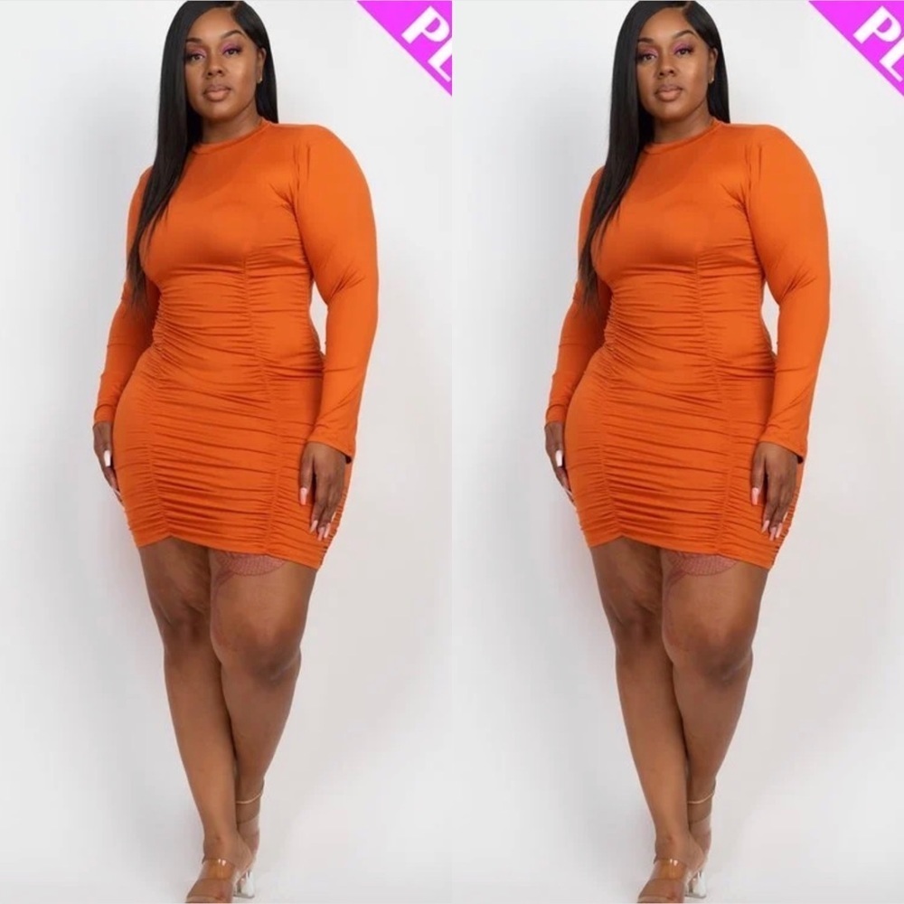 NEW FALL WOMEN’S TRENDY PLUS SIZE MANGO ORANGE LONG SLEEVE BODYCON MIDI DRESS